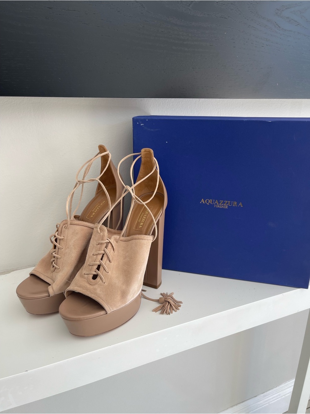 Aquazzura Beige Suede Lace-Up Platform Heels